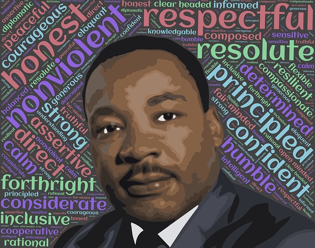 Illustration of Martin Luther King Jr with word cloud