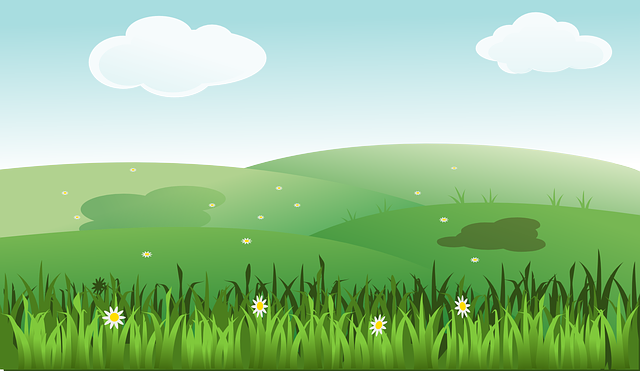 Spring Field Illustration Sunny Sky, Hills, and Flowers