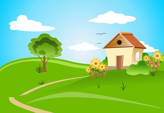 Illustration of Summer House with Tree and Sunny Sky