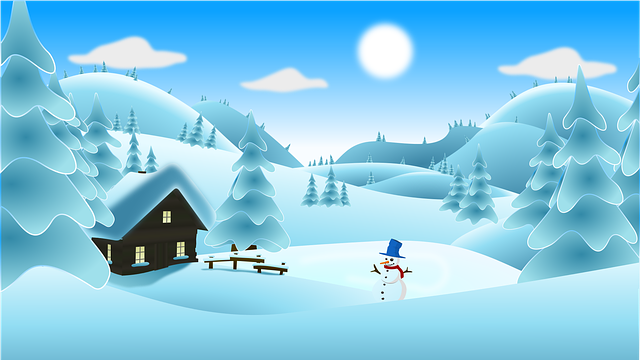 Illustration of winter scene with snow covered cabin, trees, and hills with snowman