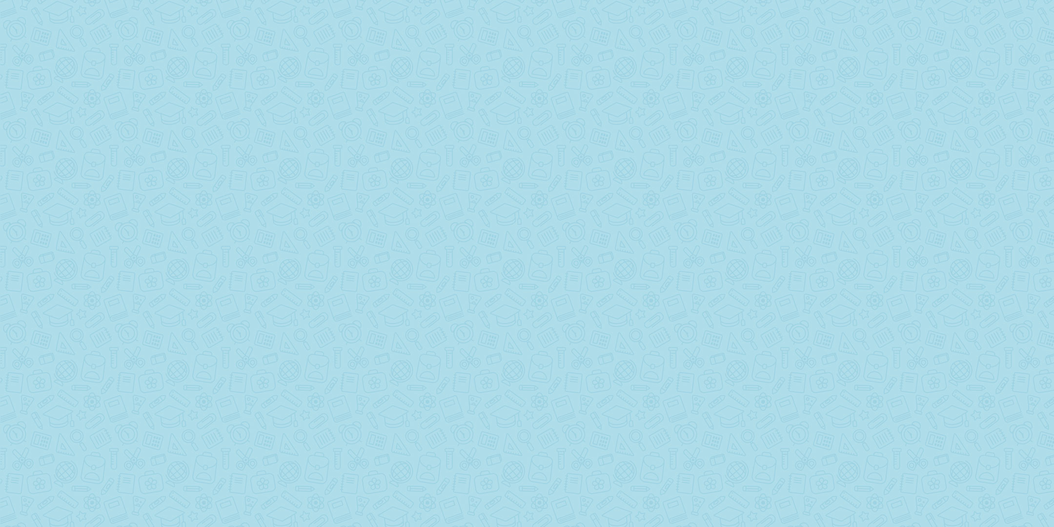light blue background with educational pattern including globes, lunch boxes, pencils, calculators, science equipment, scissors, clocks and more